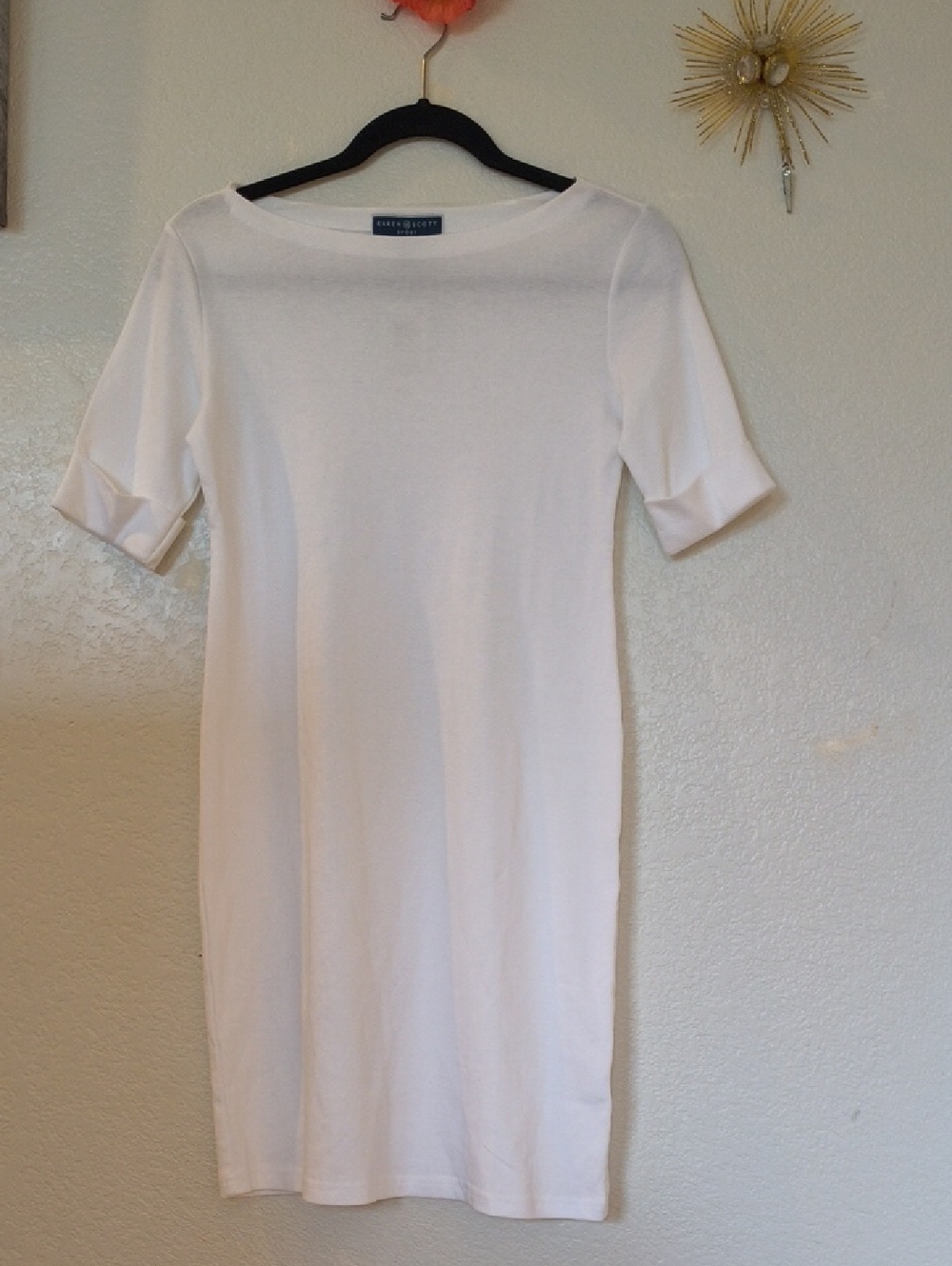 Karen Scott Crewneck Dress in White. Cuffable sleeves   Unlined. Pull-on styling